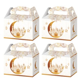 WEEPA Eid Mubarak Treat Box, 12 Pcs Ramadan Favor Gift Boxes, Paper Candy Cupcake Boxes with Handle, Al-Fitr party Favor Box for Eid Decorations Party Supplies Star and Moon Decor（White）