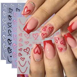 Heart Nail Stickers - Wavy Line Nail Design 3D Self-Adhesive Love Hollow Peach Heart Shaped French Sticker for Women Valentine Gift Nail Decoration