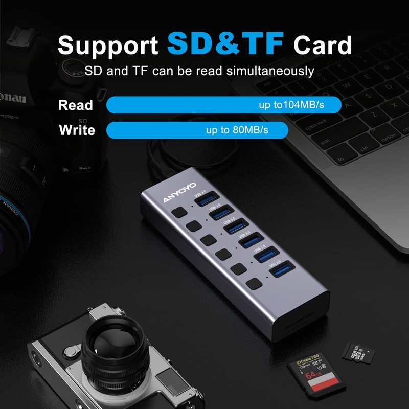 Hub USB alimentado con lector de tarjetas TF/SD, concentrador USB