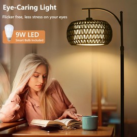 ZECOXOL Arc Floor Lamp with 3 Color Temperatures, Dimmable LED Black Floor Lamp with Remote Control, Boho Standing Lamp with Rattan Wicker Shades, Farmhouse Tall Pole Lamp for Living Room Bedroom