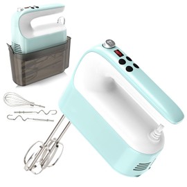 Yomelo 9-Speed Digital Hand Mixer Electric, 400W Powerful DC Motor, Baking Mixer Handheld with Snap-On Storage Case, 5 Stainless Steel Accessories, Flat Beaters, Dough Hooks, Whisk (Ice Blue & White)