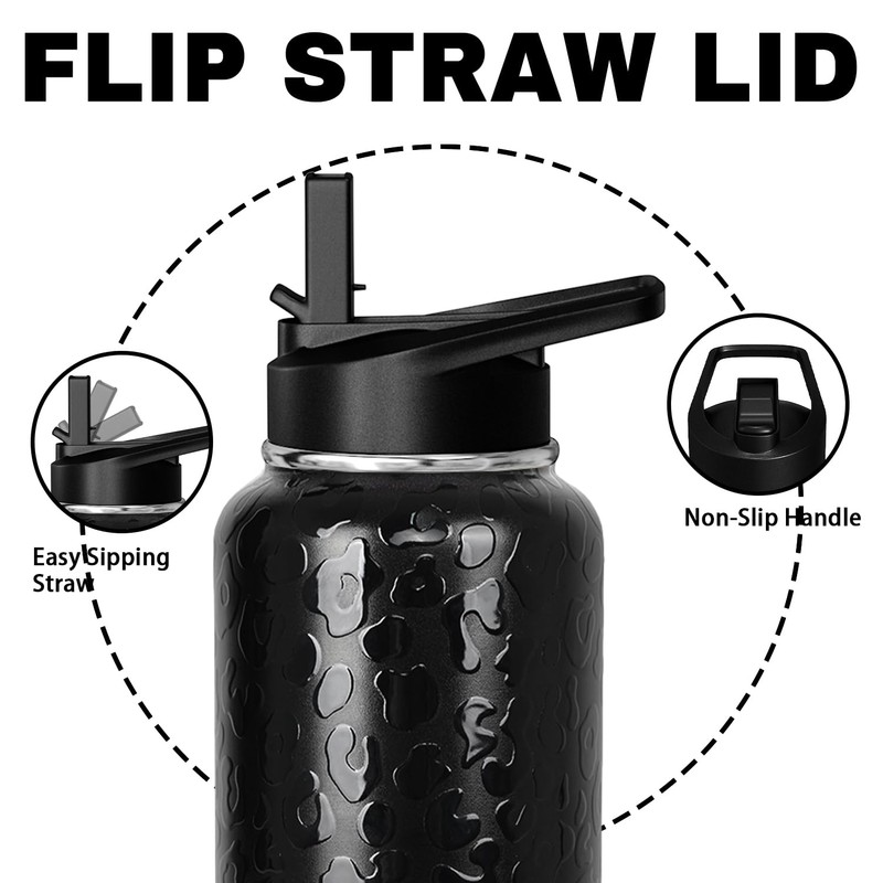 Leopard Print Water Bottle 32oz Vacuum Insulated Black Cheetah Water