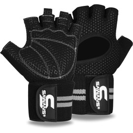 SAWANS Weight Lifting Gloves Gym Workout Fitness Wrist Wrap Support Men Women Fingerless Gloves Full Finger Touchscreen Padded Non Slip Palm Bodybuilding Training Grip (ink Black, S)
