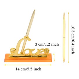 Golden Love & Rose Pen Holder Signing Pen Set for Wedding Bridal Engagement Favors Graduation Opening Ceremony Office Guest Book Accessories Plated Metal Holder with Ballpoint Pen