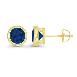 Yellow Gold Plated 925 Sterling Silver 7mm Round Bezel Set Created Blue Sapphire September Birthstone Screwback Stud Earrings