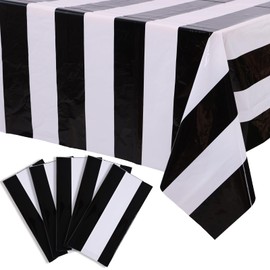 Kesfey 5 Packs Black and White Horizontal Striped Table Cloth 54 x 108 Inch Classic Black Stripe Tablecloths Disposable Plastic Stripe Table Covers Waterproof Picnic Tablecover for Camping Party