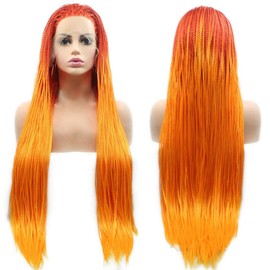 Long Braided Wig Ombre Orange Fluorescent Orange Braided Lace Front Wigs for Women Hand Knoted-Braided Hair Soft Braids Orange Glueless Synthetic Box Micro Braid Wig Cosplay Makeup Daily 24Inch