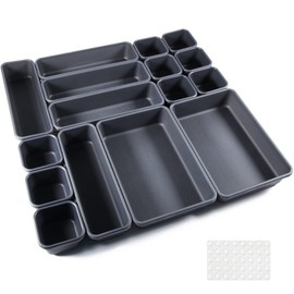 Nuts OT nuts Desk Drawer Organiser Tidy Dividers 16Pcs Makeup Dividers 3 Sizes Plastic Trays for Storage for Dresser Cosmetics Office Stationery Kitchen Utensil with 40 Non-slip Silicon Pads (Black)