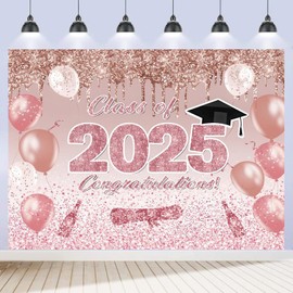 Pink Graduation Backdrop 10x8ft Rose Gold Class of 2025 Banner Congrats Grad Photo Background Congratulations Graduate Decorations Prom Party Supplies for Outdoor Indoor Photo Booth Props