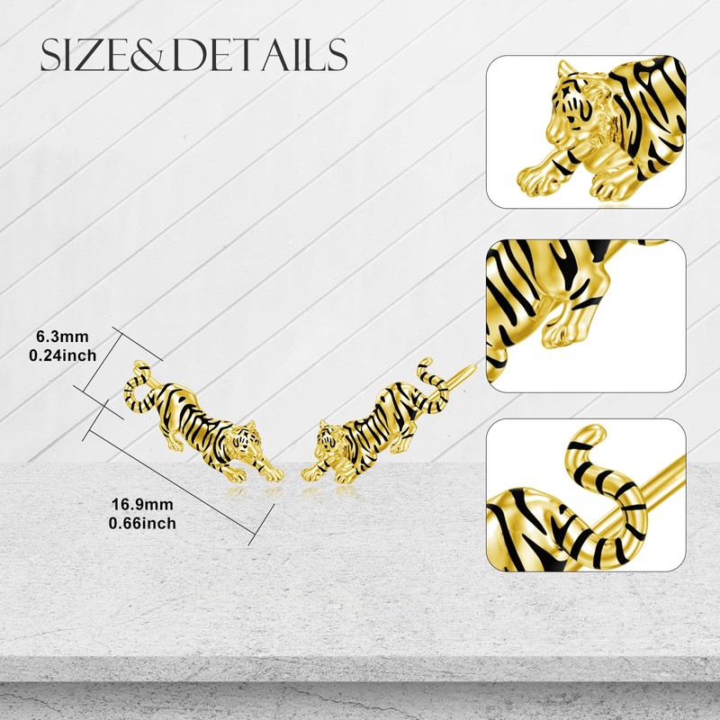 ROMANTIC WORK Tiger Earrings 925 Sterling Silver Gold Plated Tiger