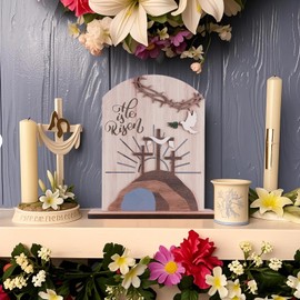 Easter Religious Decorations He Is Risen Decor Resurrection Christan Decorative Signs Easter Wooden Signs Cross Tabletop Signs for Easter Rustic Farmhouse Home Room Dining Birthday Spring (Easter)