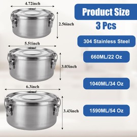 QTLCOHD 3 Pcs 22 Oz / 34 Oz / 54 Oz Stainless Steel Food Storage Containers, Airtight Bento Lunch Boxes, Leak-Proof Deli Containers with Lids for Camping Trips Picnic Snacks Soups Salads Leftovers