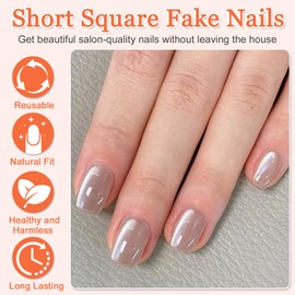 24Pcs Glitter Cat Eye Press on Nails Short Square, French Nude False Nails in 12 Sizes, Acrylic Full Cover Stick on Nail with Jelly Glue, Removable Fake Nail for Women Daily Holiday Wear