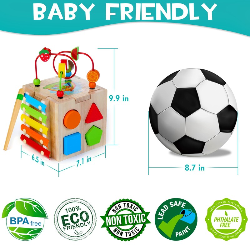 HELLOWOOD 8-in-1 Wooden Activity Cube for Kids, Sorting & Stacking