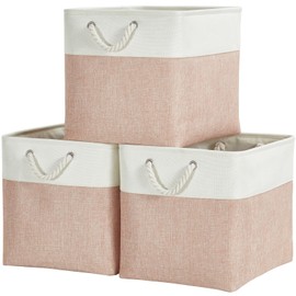 Mangata Fabric Storage Boxes, 25x25x25cm Cube Storage Boxes for Organizing Clothes Shelf Nursery Home Closet(Pink/White, Set of 3)