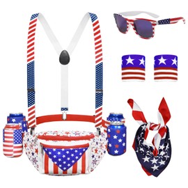 Harsever 4th of July Patriotic Fanny Packs,USA Beverage Beer Belt Set with Suspenders Drink Holder Flag Headband Wristband Sunglasses for Independence Day