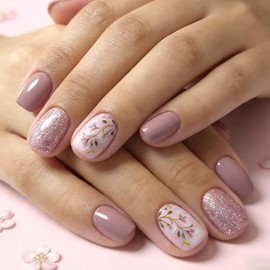 Uñas postizas cuadradas cortas de presión - Uñas postizas con purpurina floral morada y rosa, acabado brillante, reutilizables con pestañas adhesivas 