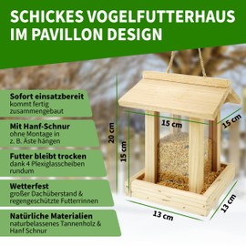 TTL Garden Pavillon Bird Feeder - Wooden Bird House with Cord for Hanging 20 x 15 x 15 cm Made of Natural Fir Wood - Bird Feeding Stations Weatherproof Bird House for Balcony Garden & Stand