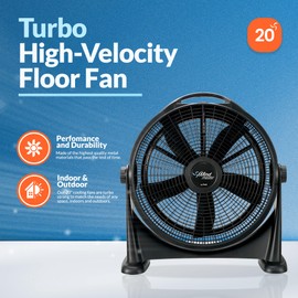 PAMI Turbo 20” High-Velocity Floor Fan - Quiet Portable Fan With 3 Speed Levels & Carry Handle- Adjustable Head Powerful Air Flow Industrial Fan- Heavy-Duty Electric Box Fan For Bedroom Home Office