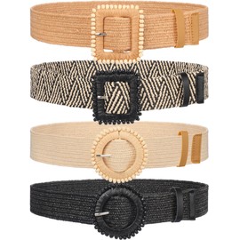 WILLBOND 4 Pcs Straw Woven Belt Elastic Stretch Rattan Buckle Waist Belt Women Skinny Raffia Dress Waist Band(Charming Color,Medium)