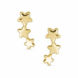 Small Real Yellow 10K Gold Double Piercing Chain Sky Star Crescent Moon Two Hole Earring Ear Cartilage Sun & Star Stud Earrings for Women Teenagers, Yellow Gold, No Gemstone