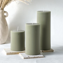 Conelist Ribbed Pillar Candles Set of 3, Width 3" High 4" 6" 8" Large Soy Wax Scented Pillar Candles Aesthetic Candles Ribbed Candles Modern Home Decor for Bathroom Living Room (Bean Green)