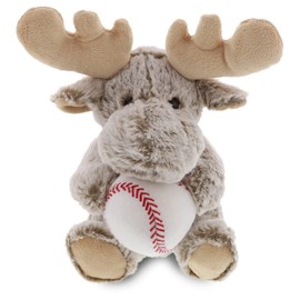 DolliBu Sitting Moose Stuffed Animal with Baseball Plush - Soft Huggable Moose, Adorable Playtime Moose Plush Toy, Cute Wild Life Sports Gift for Kids and Adults - 11 Inch