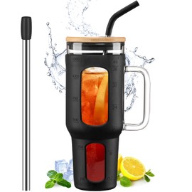 WINSA Glass Tumbler with Lid and Straw, 46 oz Iced Coffee Cup with Handle, Large Water Bottles with Silicone Sleeve, Glass Cup with Straws - Pearl Straw & Drinking Straw BPA Free-Black