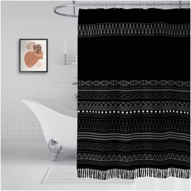 TWO-EKS UP Black Tassel Boho Geometric-Striped Bathroom - Shower Curtain with Fringe, Modern Minimalist Vintage Farmhouse Shower Curtains, Trendy Moroccan Fabric Shower Curtains Set…
