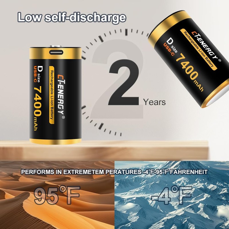 CT-ENERGY Rechargeable D Batteries 1.5V Lithium D Cell 9000mWh High
