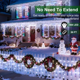 504 LED Christmas Lights with 112 Drops, 50ft 12 Modes Cool White Fairy String Lights with Timer Dimmable, Waterproof Twinkle Lights for Indoor Outdoor Holiday Wedding Party Eaves Yard Christmas Decor