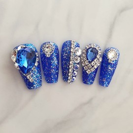Blue Sapphire Handmade Nail Tips - Long Oval / 블루 사파이어 수제네일팁 - 롱오벌