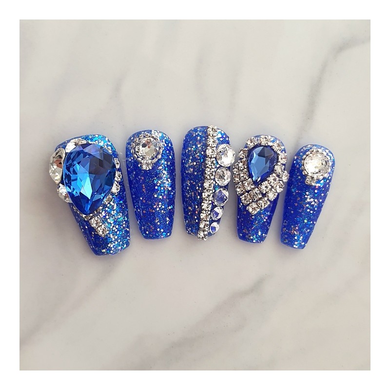 Blue Sapphire Handmade Nail Tips - Long Oval / 블루