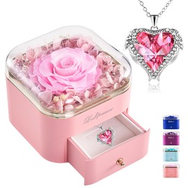 Rewjury Real Eternal Rose with Necklace, Women Gift Birthday, Preserved Flowers Rose Box Jewellery Gift Box, Mother's Day, Valentine's Day, Wedding Anniversary Gift for Mum, Girlfriend, Wife, Grandma