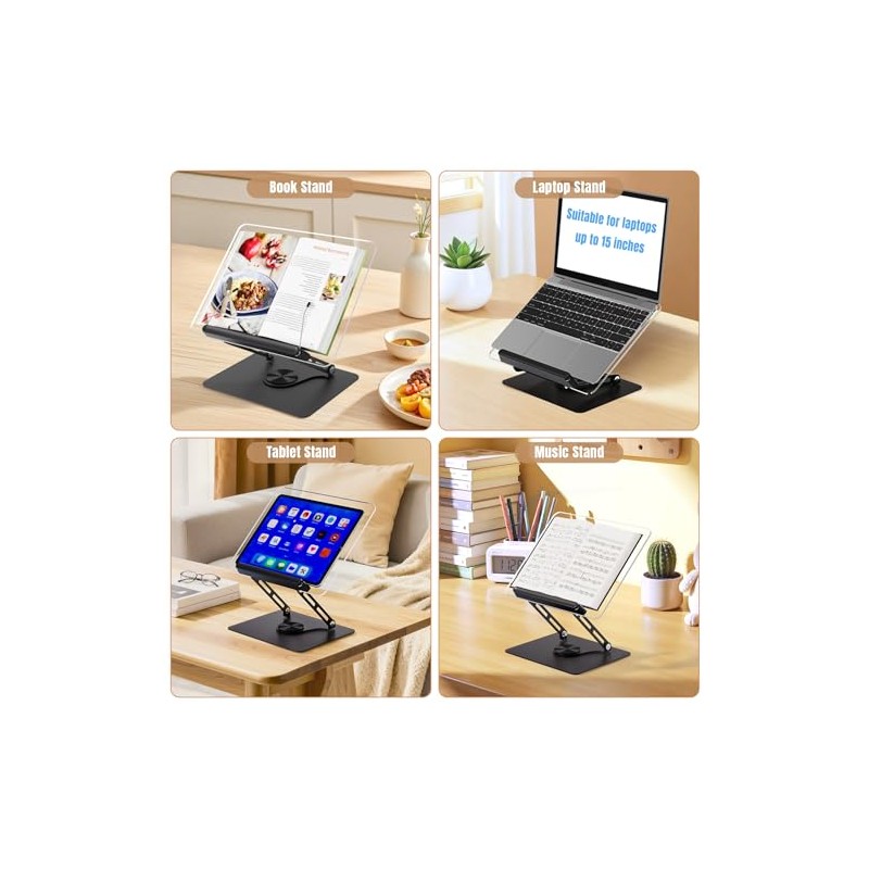HAUTOCO Adjustable Acrylic Book Stand for Reading, 360° Rotating Base,