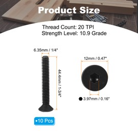 PATIKIL Hex Socket Cap Screw 1/4-20 x 1-3/4" Flat Head Socket Cap Bolts Pack of 10 Flat Counter Sink Bolts Carbon Steel Hex Socket Drive Machine Screw Full Thread Black Oxide, Grade 10.9