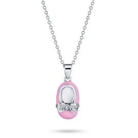 Charm Baby Shoe Pendant Necklace Gift For New Mother Women Pink Enamel Bow Engravable CZ Accent .925 Sterling Silver