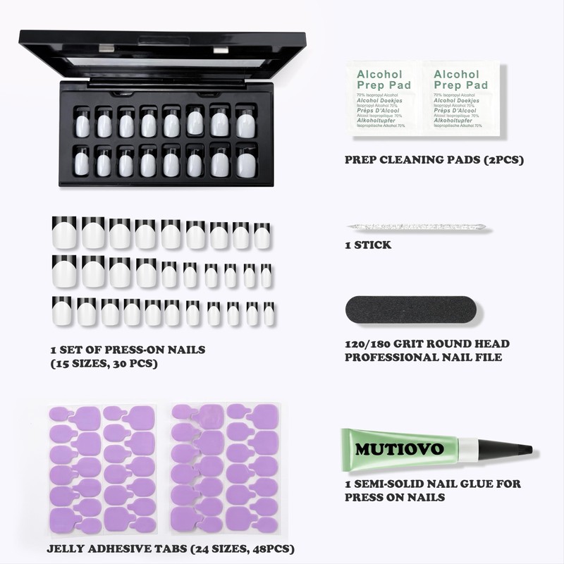 Halloween Press on Nails Kit Short Square Black French White,