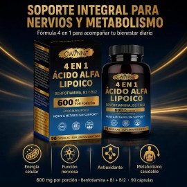 Gwynne Suplemento Dietético 4 en 1 con Ácido Alfa Lipoico 600 mg, Vitaminas B1, B12 y Benfotiamina, Apoyo Antioxidante y Bienestar Nutricional General