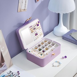 Lolalet 2 Layer Jewelry Box for Teen Girls & Young Women, Jewelry Organizer Case with Bow Clasp and Mirror for Earrings Rings Necklaces Storage, Gift Idea -Purple