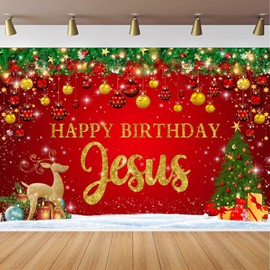 CapiSco Happy Birthday Jesus Backdrop for Red Christmas Jesus Birthday Party Decorations, Christmas Holiday Winter Jesus's Birthday Party Background, Holiday Winter Birthday Party Banner 10x6.5ft