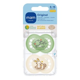 MAM Original Latex Dummy, Set of 2, Dummies Made from Sustainable, Organic Renewable Materials, Baby Dummy with Symmetrical and Orthodontic Teat, 6–16 Months, Wolf/Rabbit.
