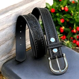DANIEL'S ARTPLANET Western Leather Belt for Men Handmade Full Grain Leather Tooled Cowboy Belt with Buckle 1.5” Wide Embossed (Black, 38)