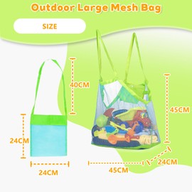 EUYKQNOI Beach Toy Bag with Net, Set of 2 Sand Toy Storage (Green Bag + Blue Mesh), Foldable Mesh Bag for Beach, Swimming Pool & Sandpit, Ideal for Family and Children from 1 Year