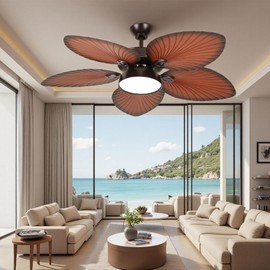 YITAHOME Tropical Ceiling Fans with Lights, 52" Palm Leaf Ceiling Fan with LED Light and Remote, 6 Speed Reversible Quiet DC Motor, 6''/12'' Downrods for Living Room​, Dining Room, Bedroom