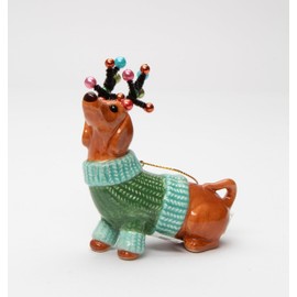 Cosmos Gifts 57012 Dachshund Dog in a Green Sweater with Reindeer Antlers Ornament, Multi-Colored, 3 3/8" x 1 5/8" x 3 7/8" H