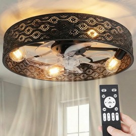 AKAARI Caged Fandelier Ceiling Fan with Lights - 20 Inch Vintage Rustic Decorative Art Flush Mount Fans 6 Wind Speeds for Bedroom,Kitchen,Living Room,Dining Room (Black Bohemia, 20 Inch)