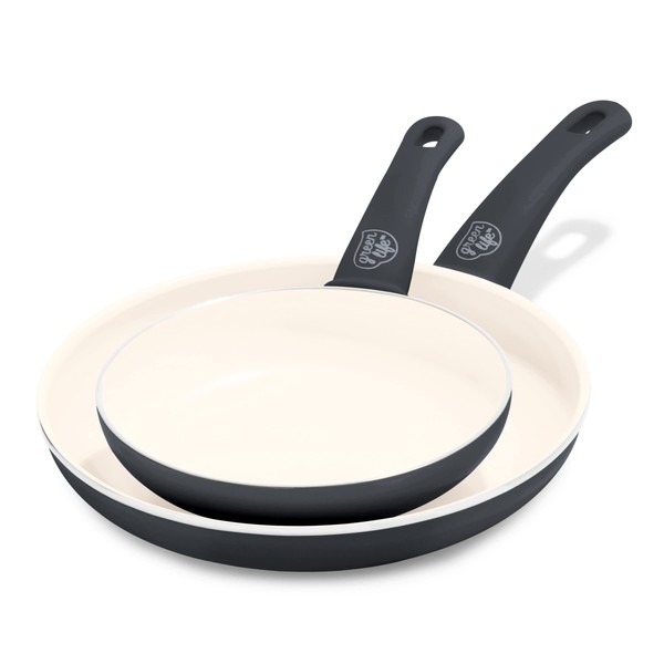 GreenLife Soft Grip Healthy Ceramic Nonstick, 7" and 10" Frying Pan Skillet Set, PFAS-Free, Dishwasher Safe, Black and Cream