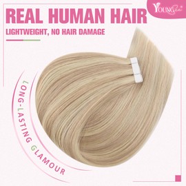 YoungSee Tape in Extensions Human Hair Blonde Highlight Tapein Hair Extensions Real Human Hair Highlight Light Blonde Mix Strawberry Blonde Tape in Extension for Long Hair Long-Lasting 24In 20pcs 50g
