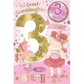 Great Granddaughter 3rd Birthday Card & Badge - 3 Today Girl & Unicorn 9" x 6"